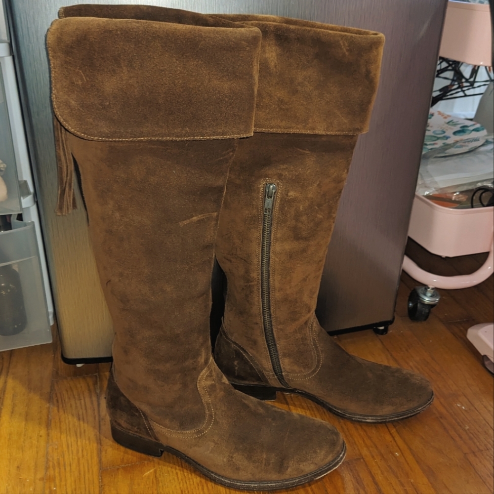 Frye Molly Tassel Brown Suede Over The Knee Boots Women’s 8.5 OTK - Picture 2 of 14